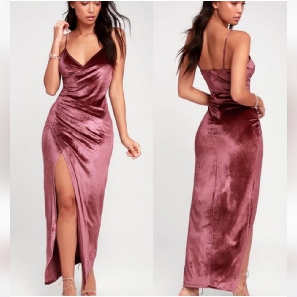 Lulu's Rose Velvet Spaghetti Strap Prom Gown